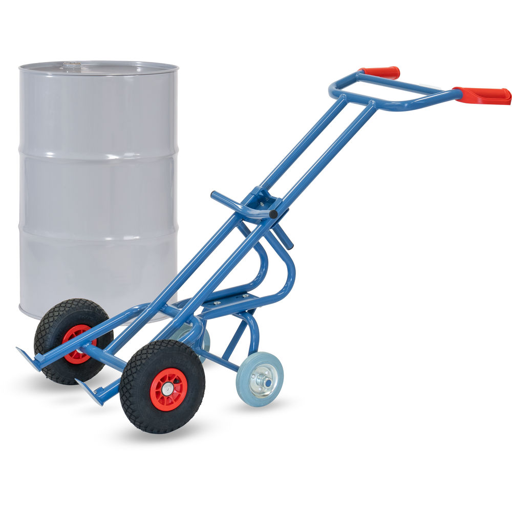 Fasskarre BASIC für 200 l Stahlfässer, mit 2 Stützrädern zum Beschicken von Auffangwannen