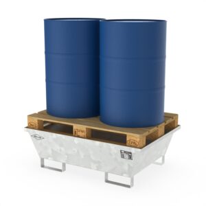 11365-EP Auffangwanne aus Stahl für 2 x 200 l Fässer zur Direktlagerung mit Palette, ohne Gitterrost, unterfahrbar, verzinkt, 1230x850x400mm (1)
