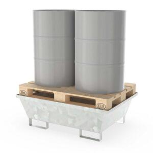 Auffangwanne aus Stahl für 2 x 200 l Fässer zur Direktlagerung mit Palette, ohne Gitterrost, unterfahrbar, verzinkt, 1230x850x400mm