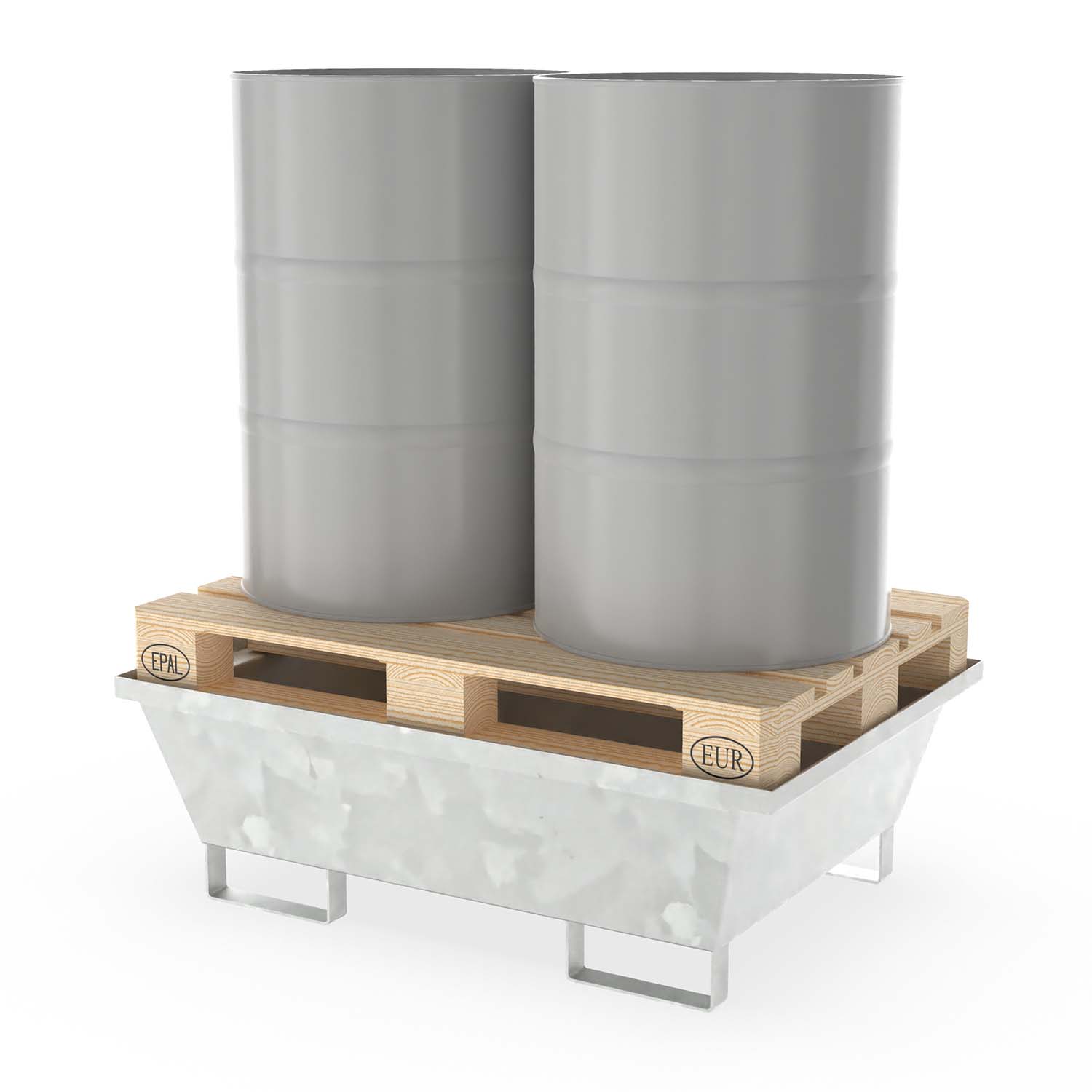 Auffangwanne aus Stahl für 2 x 200 l Fässer zur Direktlagerung mit Palette, ohne Gitterrost, unterfahrbar, verzinkt, 1230x850x400mm