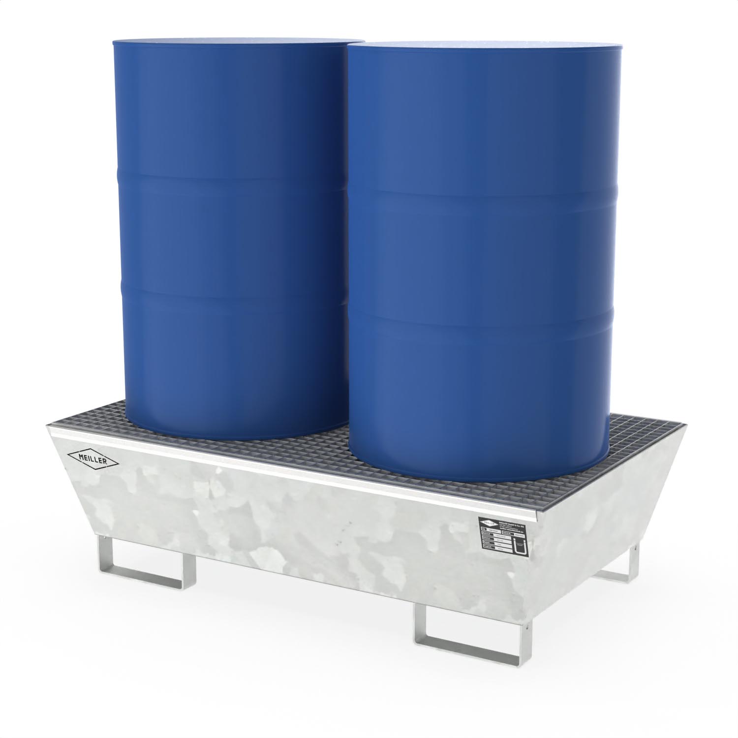 Auffangwanne aus Stahl für 2 x 200 l Fässer, mit Gitterrost, unterfahrbar, verzinkt, 1300x800x380mm