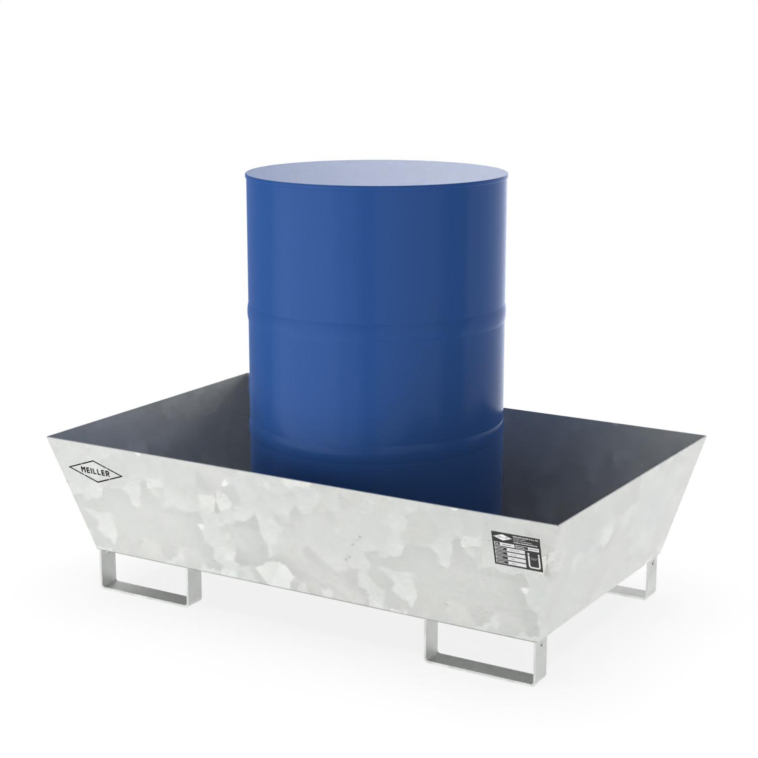 Auffangwanne aus Stahl, ohne Gitterrost, unterfahrbar, verzinkt, Auffangvolumen 205 l, 1300x800x380mm