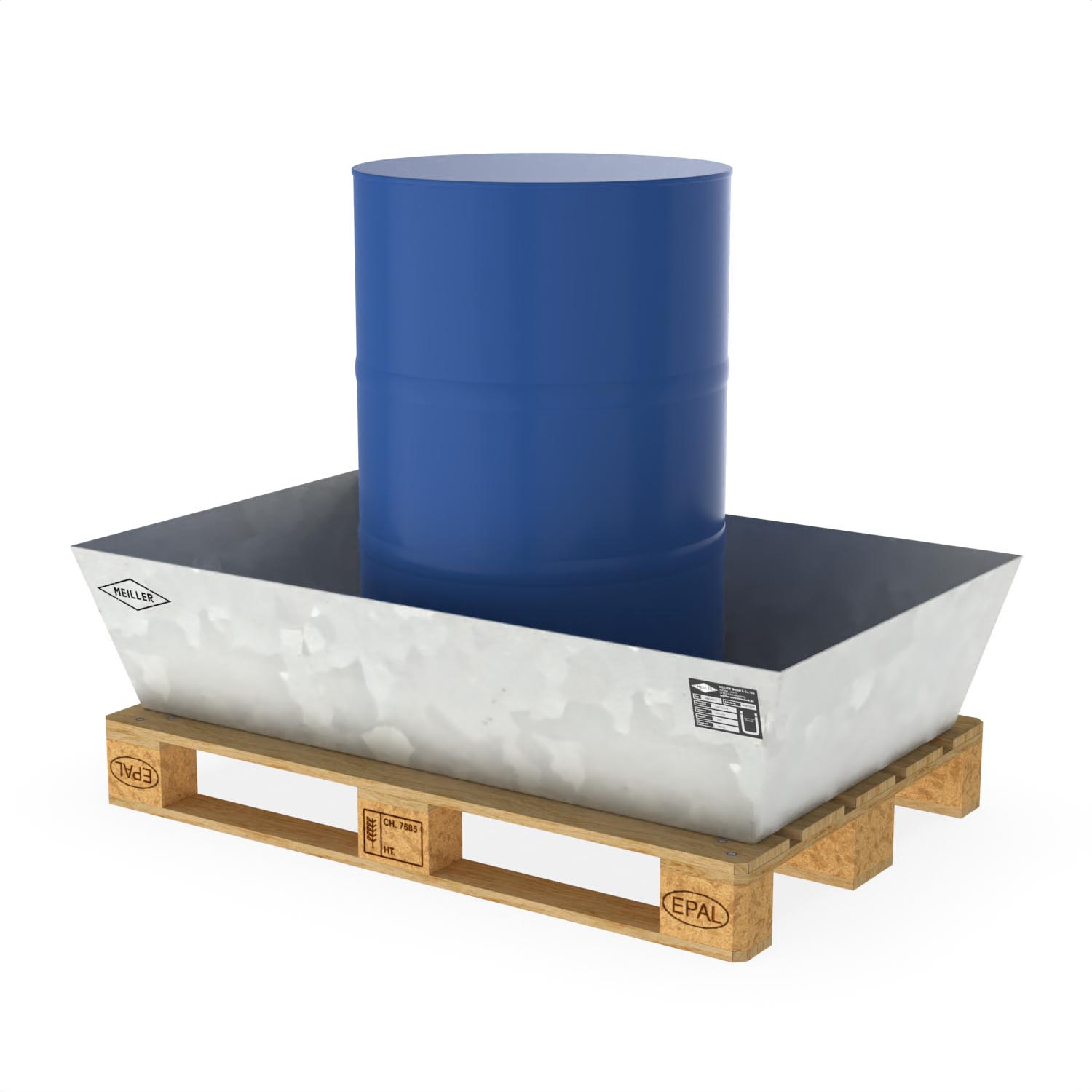 Paletten-Auffangwanne aus Stahl für 2 x 200 l Fässer, ohne Gitterrost, verzinkt, 1300x800x380mm