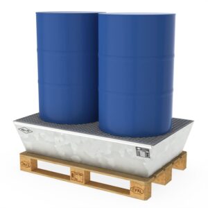 Parkbank CUBIC aus Flachstahl, Sitzfläche aus Holz, verzinkt und farbbeschichtet, 4-Sitzer Parkbank Produktbild Paletten-Auffangwanne aus Stahl für 2 x 200 l Fässer, mit Gitterrost, verzinkt, 1300x800x380mm