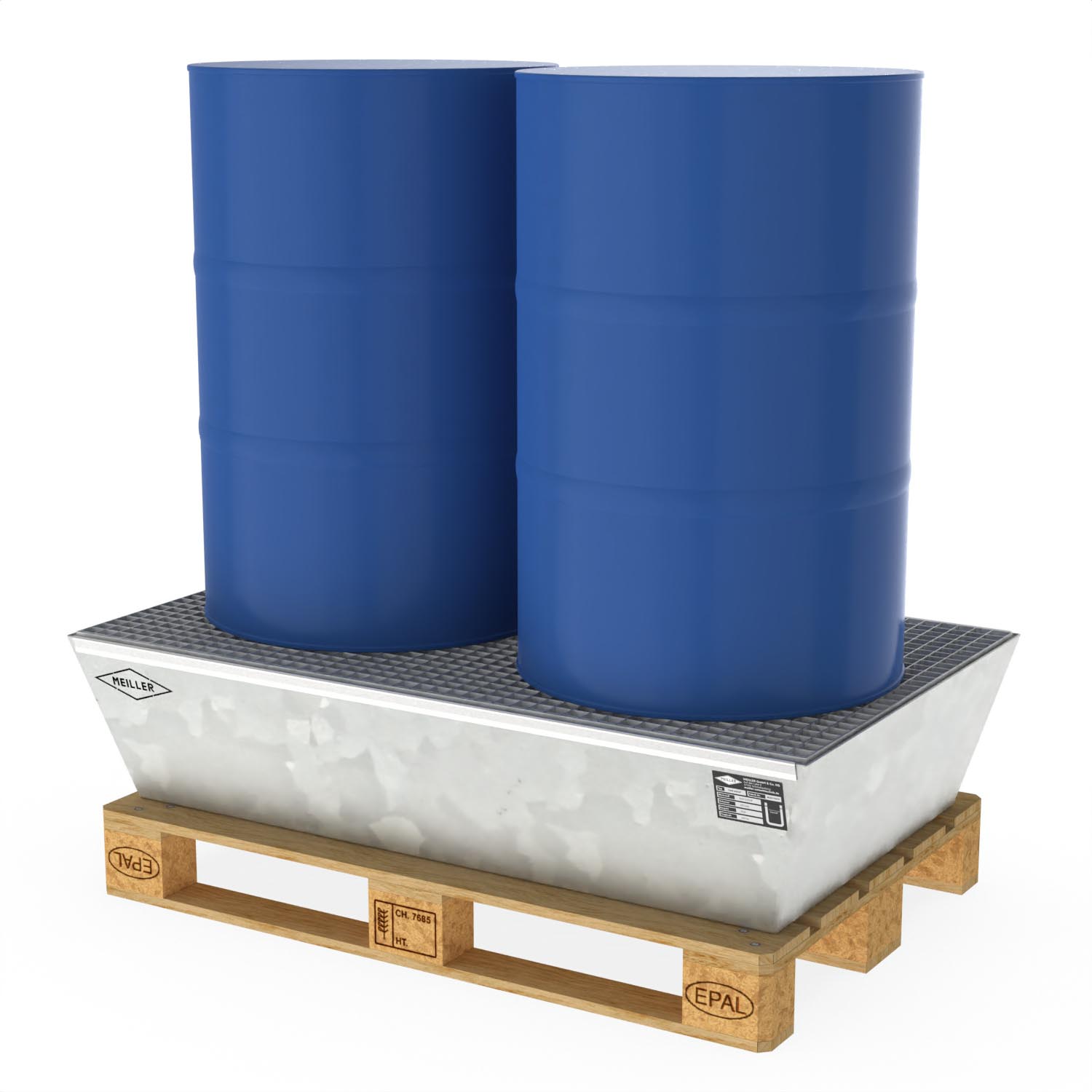 Paletten-Auffangwanne aus Stahl für 2 x 200 l Fässer, mit Gitterrost, verzinkt, 1300x800x380mm