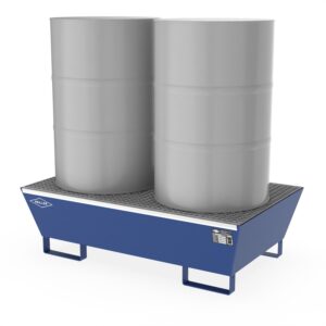 Auffangwanne aus Kunststoff (PE) für 1 Fass, Auffangvolumen 225 l Auffangwannen aus Kunststoff Produktbild Auffangwanne aus Stahl für 2 x 200 l Fässer, mit Gitterrost, unterfahrbar, lackiert, 1300x800x380mm