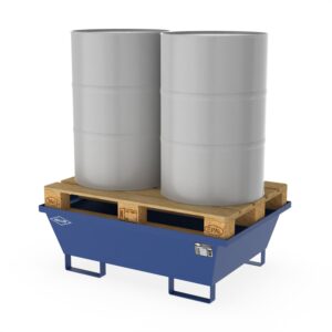 Vorhängeschloss mit Profilhalbzylinder NP 30×10 mm für Lithium-Akku-Schrank FMplus, schließanlagenfähig Lithium-Ionen-Akku-Schränke zur Lagerung Produktbild Auffangwanne aus Stahl für 2 x 200 l Fässer zur Direktlagerung mit Palette, ohne Gitterrost, unterfahrbar, lackiert, 1230x850x400mm