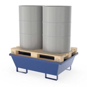 Auffangwanne aus Stahl für 2 x 200 l Fässer zur Direktlagerung mit Palette, ohne Gitterrost, unterfahrbar, lackiert, 1230x850x400mm