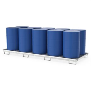 Auffangwanne aus Edelstahl für 2 x 60 l Fässer, Auffangvolumen 61 l, stapelbar, 800x640x280mm Auffangwannen aus Edelstahl Produktbild Auffangwanne aus Stahl für 10 x 200 l Fässer, mit Gitterrost, unterfahrbar, verzinkt, 3250x1205x188mm