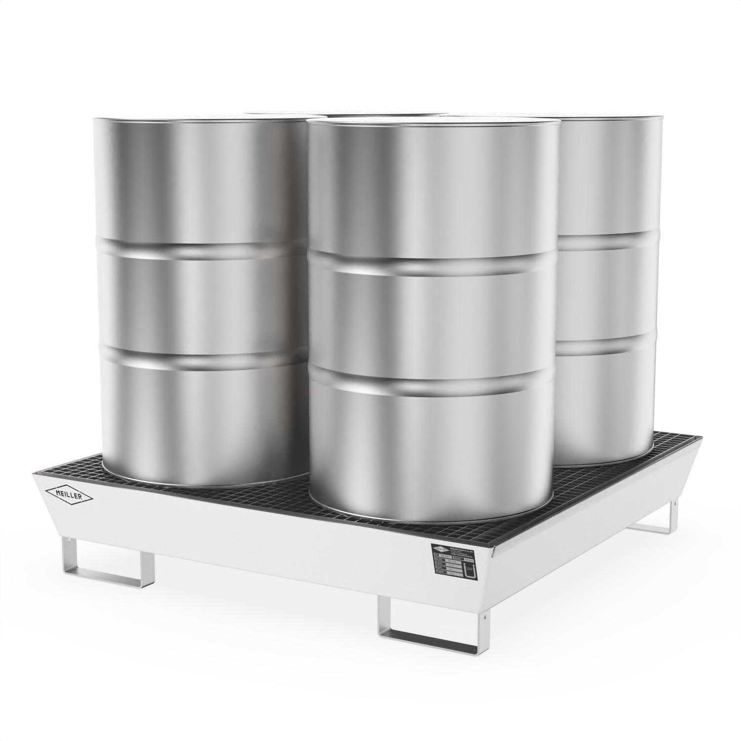 Auffangwanne aus Edelstahl für 4 x 200 l Fässer, Auffangvolumen 208 l, stapelbar, 1300x1300x270mm