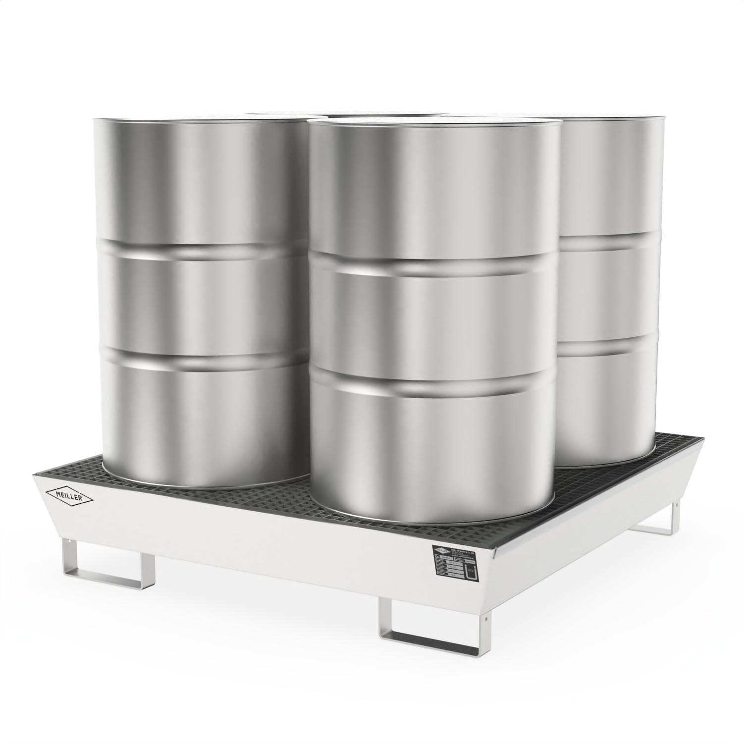 Auffangwanne aus Edelstahl für 4 x 200 l Fässer, Auffangvolumen 208 l, stapelbar, 1300x1300x270mm Auffangwannen aus Edelstahl Produktbild Auffangwanne aus Edelstahl für 4 x 200 l Fässer, Auffangvolumen 208 l, stapelbar, 1300x1300x270mm