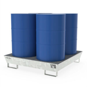 Auffangwanne aus Stahl lackiert mit Gitterrost und Abfüllbereich, 1 IBC, 1120x1410x985mm GREY EDITION Auffangwannen aus Stahl Produktbild Auffangwanne aus Stahl für 4 x 200 l Fässer, mit Gitterrost, unterfahrbar, verzinkt, 1300x1300x270mm