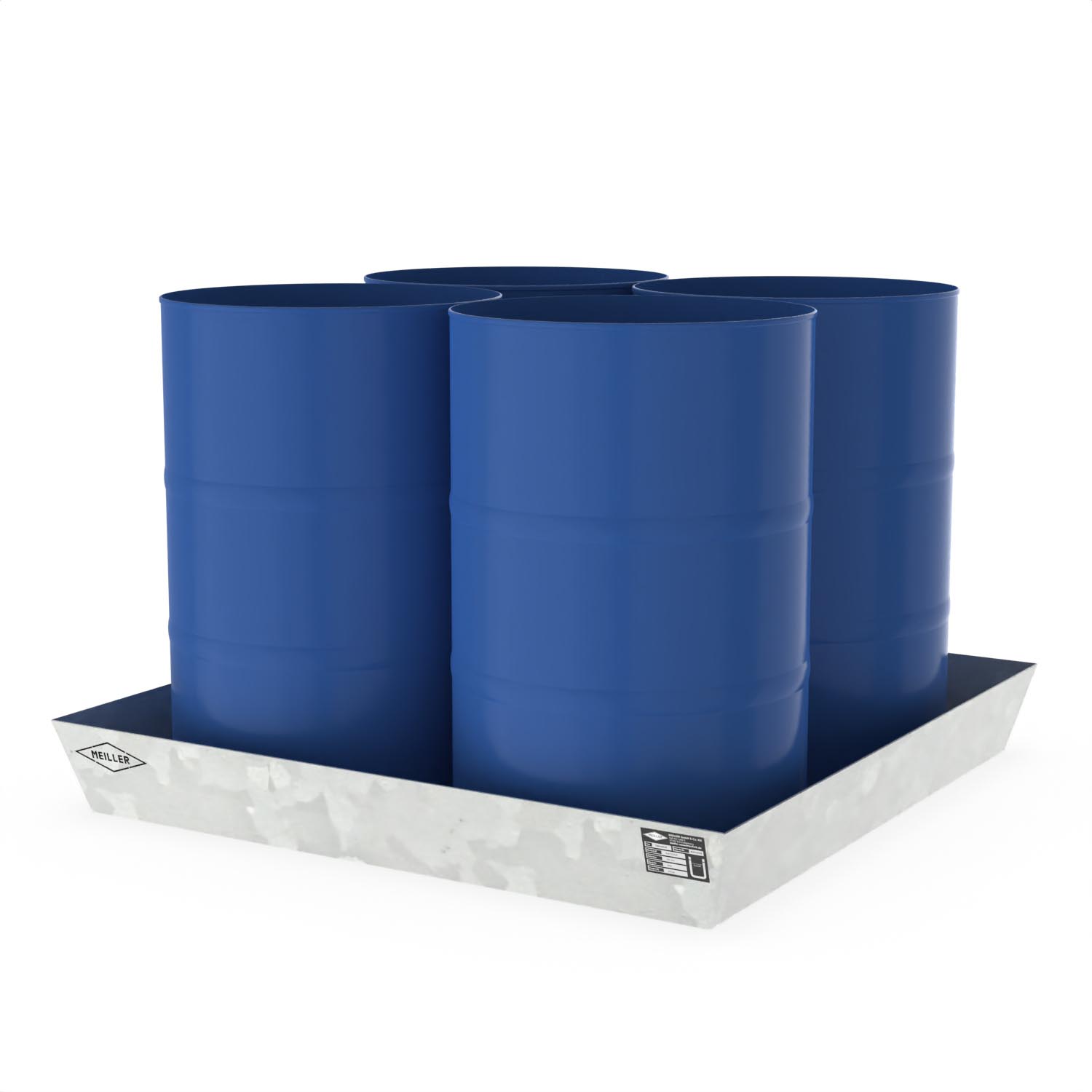 Paletten-Auffangwanne aus Stahl für 4 x 200 l Fässer, ohne Gitterrost, verzinkt, 1300x1300x170mm