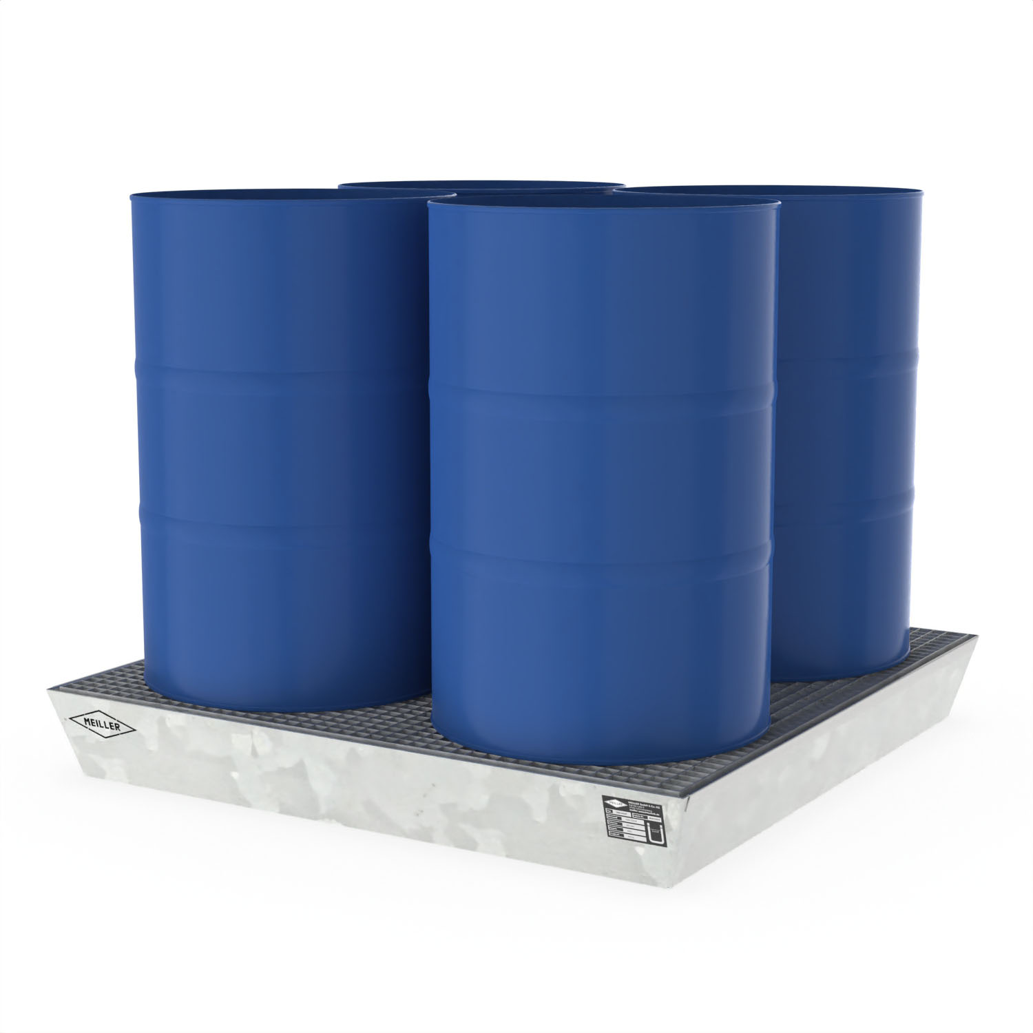 Paletten-Auffangwanne aus Stahl für 4 x 200 l Fässer, mit Gitterrost, verzinkt, 1300x1300x170mm