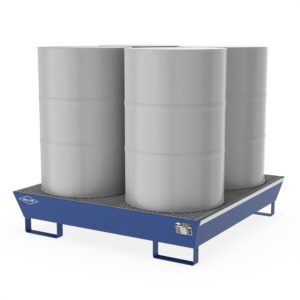 Auffangwanne aus Stahl für 4 x 200 l Fässer, mit Gitterrost, unterfahrbar, lackiert, 1300x1300x270mm