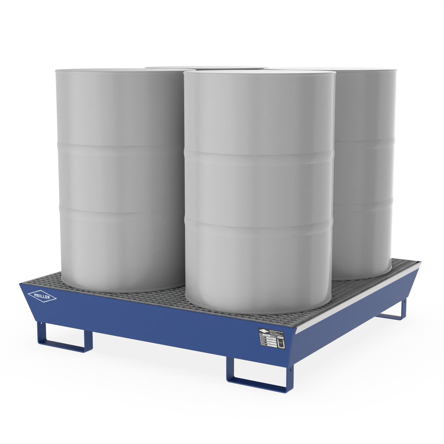 Auffangwanne aus Stahl für 4 x 200 l Fässer, mit Gitterrost, unterfahrbar, lackiert, 1300x1300x270mm
