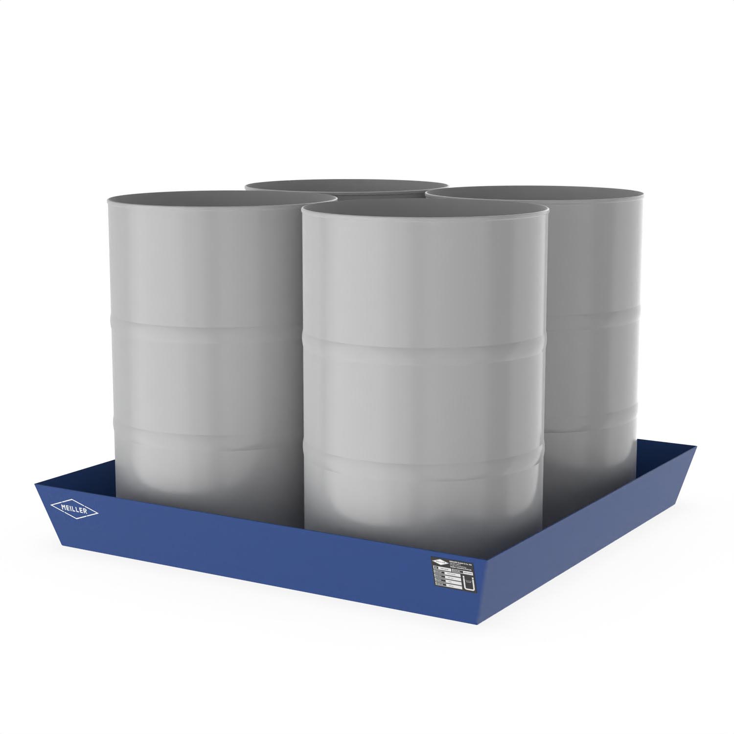 Paletten-Auffangwanne aus Stahl für 4 x 200 l Fässer, ohne Gitterrost, lackiert, 1300x1300x170mm