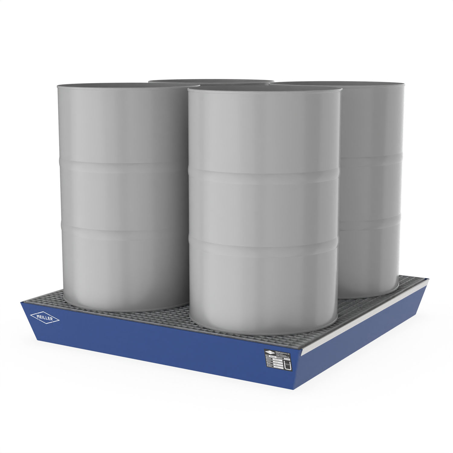 Paletten-Auffangwanne aus Stahl für 4 x 200 l Fässer, mit Gitterrost, lackiert, 1300x1300x170mm