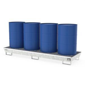 Auffangwanne aus Stahl für 4 x 200 l Fässer, mit Gitterrost, unterfahrbar, lang, verzinkt, 2590x800x260mm