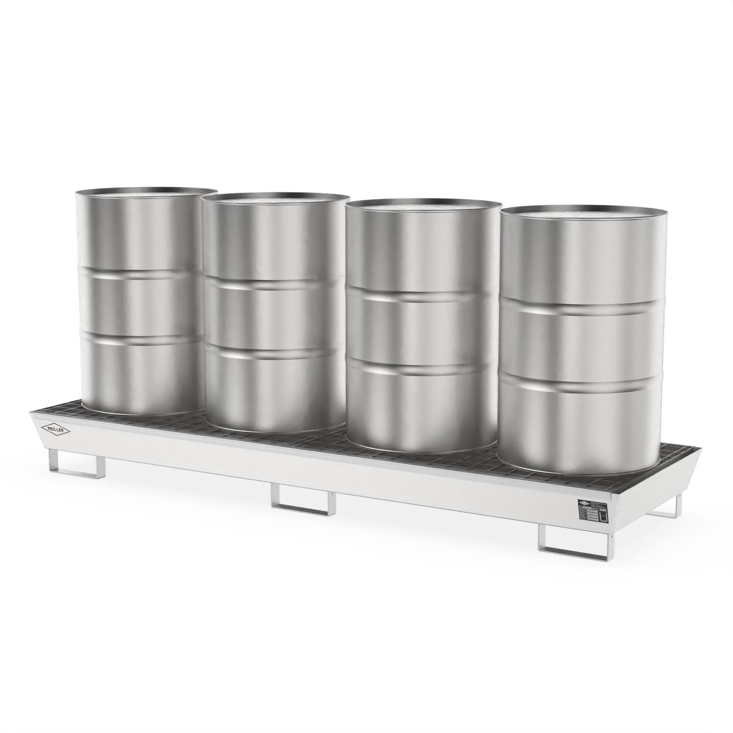 Auffangwanne aus Edelstahl für 4 x 200 l Fässer, lang, Auffangvolumen 207 l, stapelbar, 2590x800x235mm