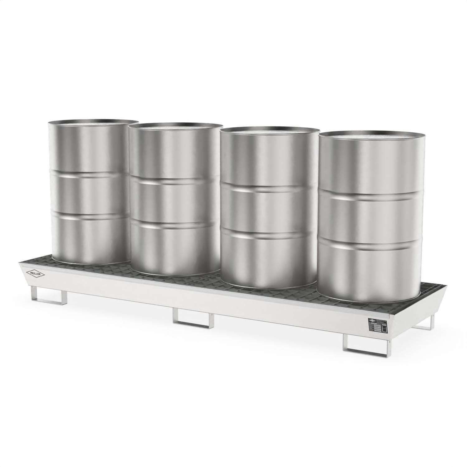 Auffangwanne aus Edelstahl für 4 x 200 l Fässer, lang, Auffangvolumen 207 l, stapelbar, 2590x800x235mm