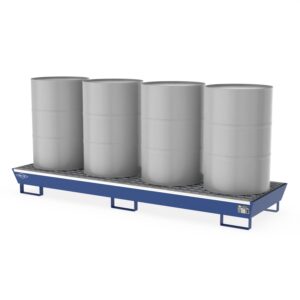 Auffangwanne aus Stahl für 4 x 200 l Fässer, mit Gitterrost, unterfahrbar, lang, lackiert, 2590x800x260mm