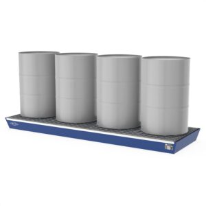 Auffangwanne aus Stahl für 4 x 200 l Fässer, mit Gitterrost, lang, lackiert, Auffangvolumen 232 l, 2590x800x160mm