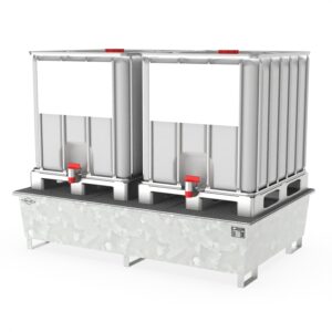 Auffangwanne aus Stahl lackiert mit Gitterrost und Abfüllbereich, 1 IBC, 1120x1410x985mm GREY EDITION Auffangwannen aus Stahl Produktbild Auffangwanne aus Stahl für 2 x 1000 l IBC, mit Abfüllbereich, verzinkt, 2200x1400x510mm