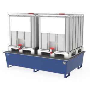 Auffangwanne aus Stahl für 4 x 200 l Fässer, mit Gitterrost, unterfahrbar, 1300x1300x260mm Auffangwannen aus Stahl Produktbild Auffangwanne aus Stahl für 2 x 1000 l IBC, mit Abfüllbereich, lackiert, 2200x1400x510mm