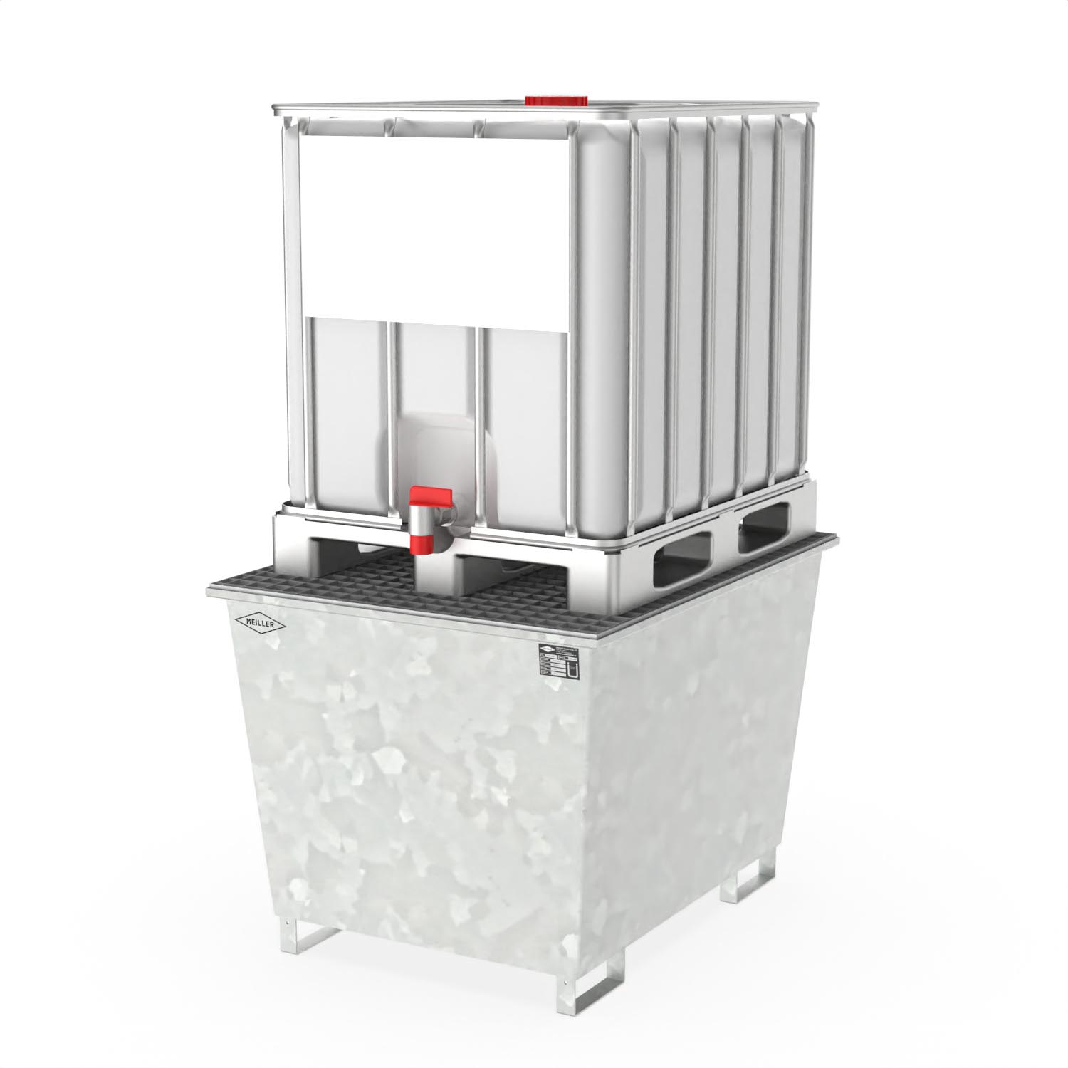 Auffangwanne aus Stahl für 1 x 1000 l IBC, mit Abfüllbereich, verzinkt, 1120x1410x985mm