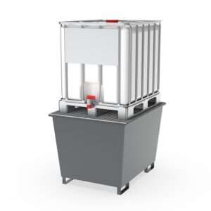 Fass-Spannklauengreifer für 200 l Rollreifen- und Sickenfässer GREY EDITION Fass-Spannklauengreifer Produktbild Auffangwanne aus Stahl lackiert mit Gitterrost, 1 IBC, 1120x1410x985mm GREY EDITION