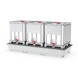 Auffangwanne aus Stahl für 3 x 1000 l IBC, mit Abfüllbereich, verzinkt, 3280x1400x400 mm