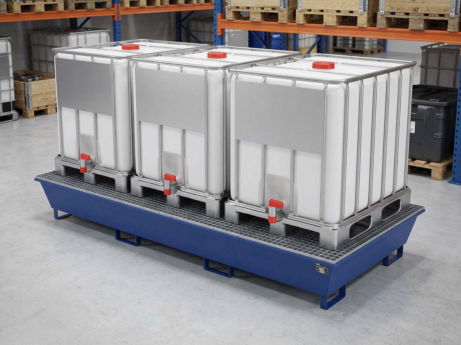 Auffangwanne aus Stahl mit Ü-Zeichen für 3 IBCs von MEILLER