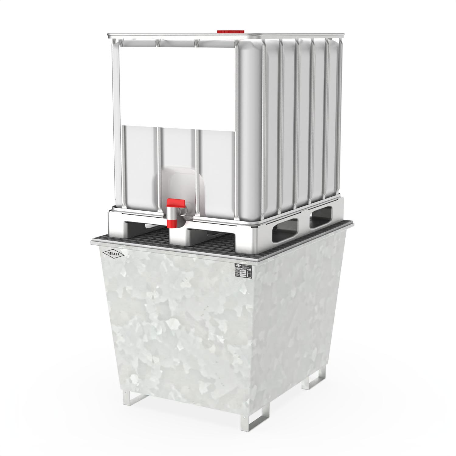 Auffangwanne aus Stahl für 1 x 1000 l IBC, mit Gitterrost, verzinkt, 1300x1120x1050mm