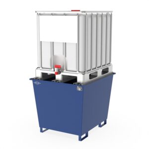 Auffangwanne aus Stahl lackiert mit Gitterrost und Abfüllbereich, 1 IBC, 1120x1410x985mm GREY EDITION Auffangwannen aus Stahl Produktbild Auffangwanne aus Stahl economy-line für 1 x 1000 l IBC, lackiert, mit Auflageprofilen, 1300x1120x1050mm