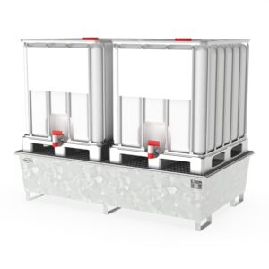 Auffangwanne aus Stahl für 4 x 200 l Fässer, mit Gitterrost, unterfahrbar, 1300x1300x260mm Auffangwannen aus Stahl Produktbild Auffangwanne aus Stahl für 2 x 1000 l IBC, mit Gitterrost, verzinkt, 2200x1300x540mm