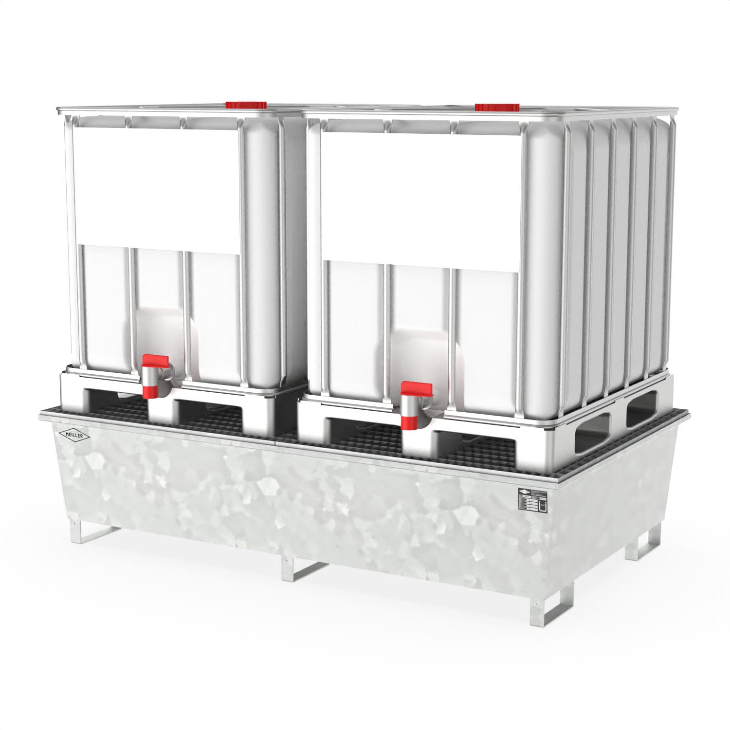 Auffangwanne aus Stahl für 2 x 1000 l IBC, mit Gitterrost, verzinkt, 2200x1300x540mm