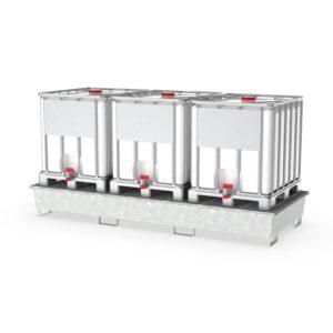 Fass-Stapelregal für 1 x 200 l Fass mit Auffangwanne aus Stahl, 204 l Fass-Stapelregale Produktbild Auffangwanne aus Stahl für 3 x 1000 l IBC, mit Gitterrost, verzinkt, 3280x1300x400 mm