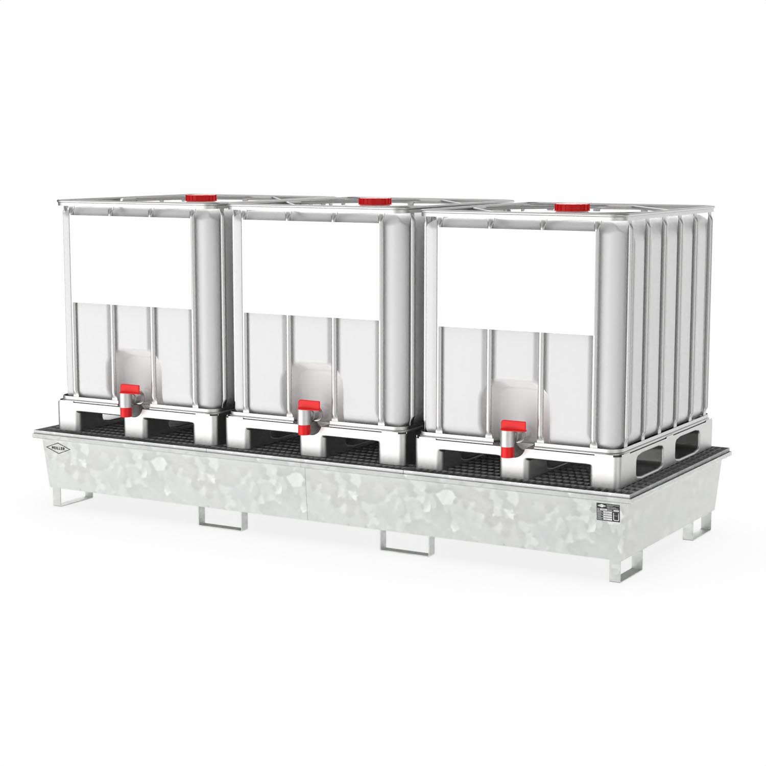 Auffangwanne aus Stahl für 3 x 1000 l IBC, mit Gitterrost, verzinkt, 3280x1300x400mm