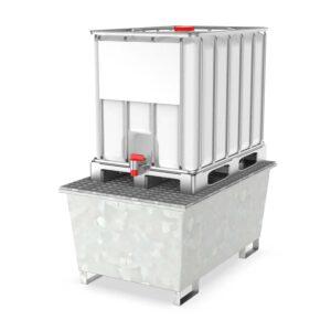 Auffangwanne aus Stahl für 10 x 200 l Fässer, mit Gitterrost, unterfahrbar, verzinkt, 3250x1205x188mm Auffangwannen aus Stahl Produktbild Auffangwanne aus Stahl für 1 x 600 l IBC, mit Gitterrost, verzinkt, 1450x950x690 mm