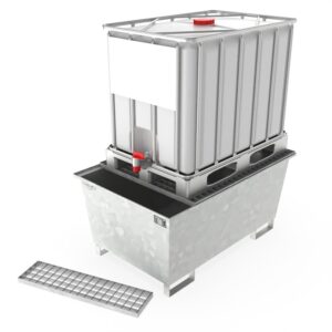Auffangwanne aus Stahl für 4 x 200 l Fässer, mit Gitterrost, unterfahrbar, 1300x1300x260mm Auffangwannen aus Stahl Produktbild Auffangwanne aus Stahl für 1 x 600 l IBC, verzinkt, mit Gitterrost und Abfüllbereich, 1450x950x690mm