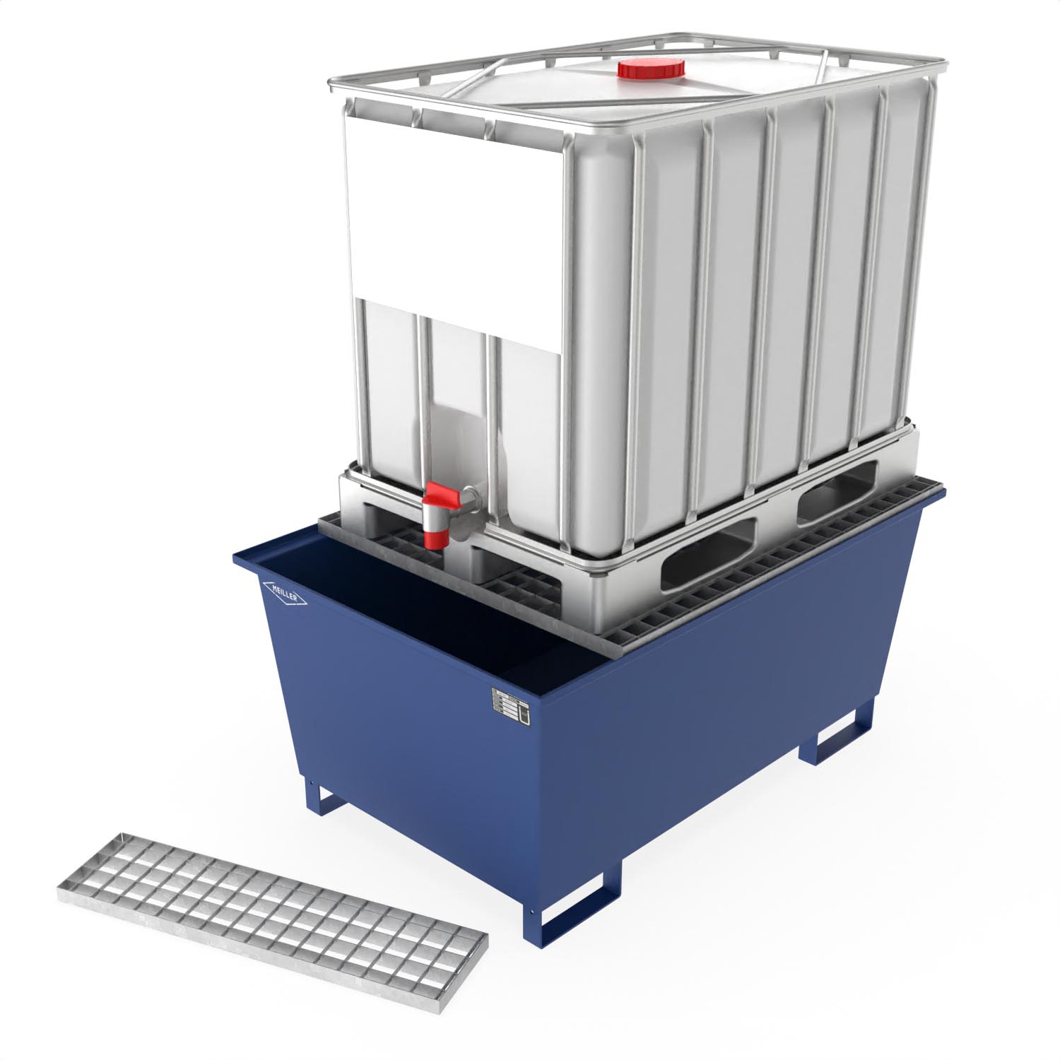 Auffangwanne aus Stahl für 1 x 600 l IBC, lackiert, mit Gitterrost und Abfüllbereich, 1450x950x690mm