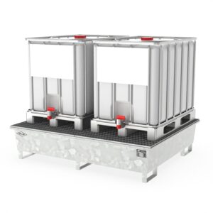Auffangwanne aus Kunststoff (PE) für 1 Fass, Auffangvolumen 225 l Auffangwannen aus Kunststoff Produktbild Auffangwanne aus Stahl für 2 x 600 l IBC, verzinkt, mit Gitterrost, 1800x1450x400mm
