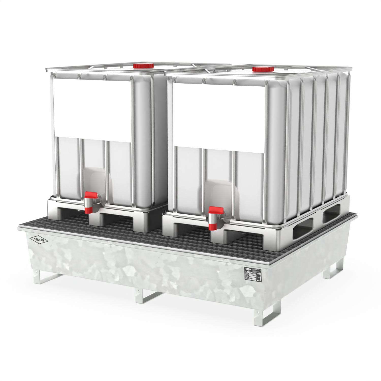 Auffangwanne aus Stahl für 2 x 600 l IBC, verzinkt, mit Gitterrost, 1800x1450x400mm