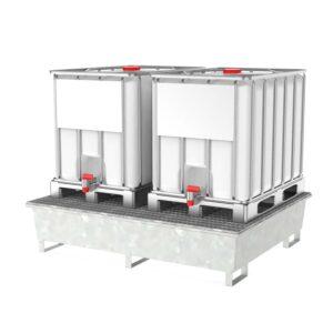 Auffangwanne aus Stahl für 2 x 600 l IBC, verzinkt, mit Gitterrost, 1800x950x400 mm
