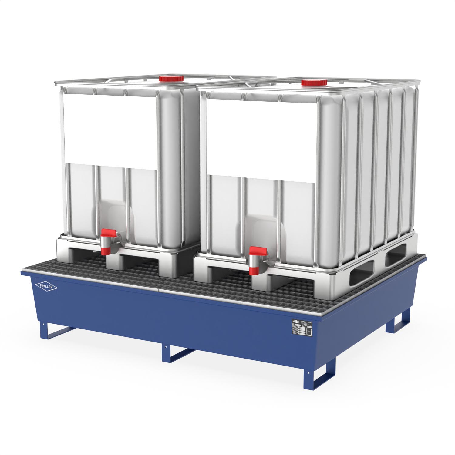 Auffangwanne aus Stahl für 2 x 600 l IBC, lackiert, mit Gitterrost, 1800x1450x400mm