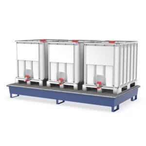 Auffangwanne aus Stahl für 3 x 600 l IBC, lackiert, mit Gitterrost, 2690x1450x310 mm