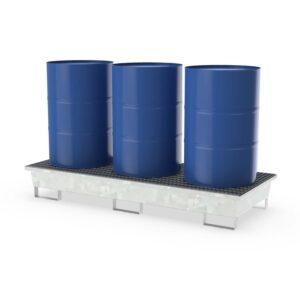 Auffangwanne aus Stahl für 3 x 200 l Fässer, mit Gitterrost, unterfahrbar, verzinkt