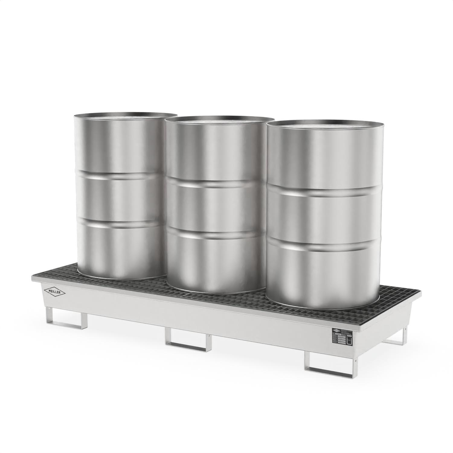 Auffangwanne aus Edelstahl für 3 x 200 l Fässer, Auffangvolumen 204 l, stapelbar, 2000x800x280mm Auffangwannen aus Edelstahl Produktbild Auffangwanne aus Edelstahl für 3 x 200 l Fässer, Auffangvolumen 204 l, stapelbar, 2000x800x280mm