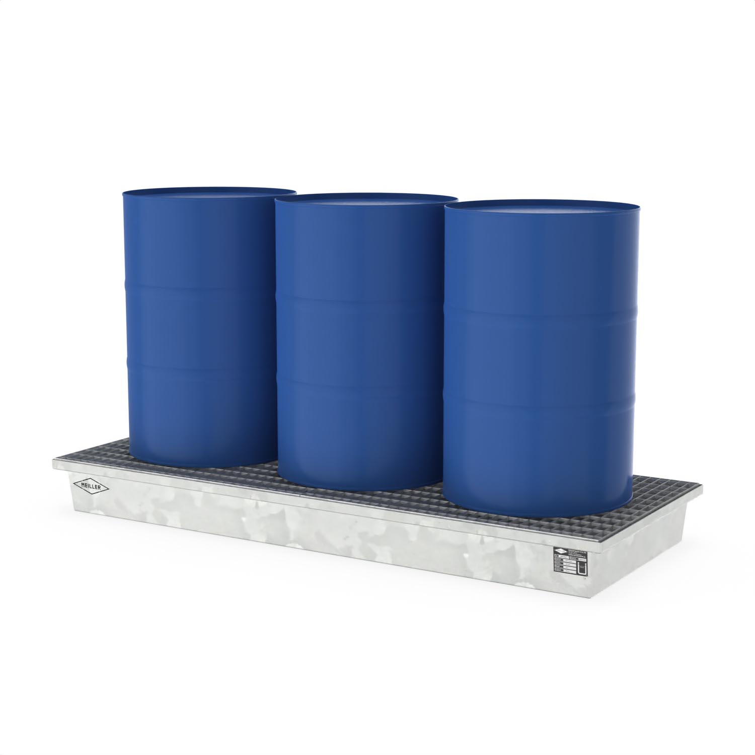 Paletten-Auffangwanne aus Stahl für 3 x 200 l Fässer, mit Gitterrost, verzinkt, 2010x800x180mm